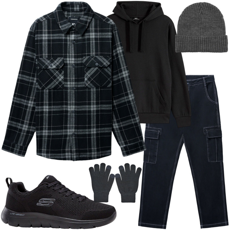 Outfit uomo - Casual style. Stile Casual per Tutti i giorni. Abbinamento con felpe con cappuccio, sneakers, pantaloni cargo, berretti, cappotti, guanti.