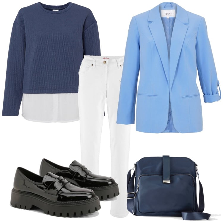 Outfit femme - Basique #5586. Style Basique pour Tous les jours. Assortir avec t-shirts, blazers, jean coupe droite, sacs en bandoulière, mocassins.