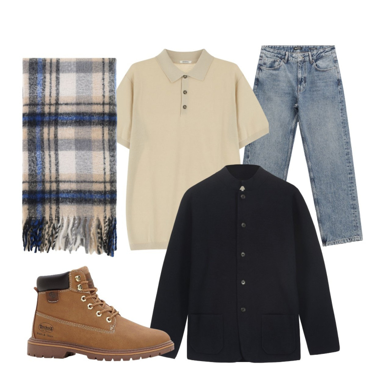 Outfit uomo - Total look #2267787. Stile Casual per Tutti i giorni. Abbinamento con stivali e stivaletti, polo, jeans dritti, sciarpe, giacche.