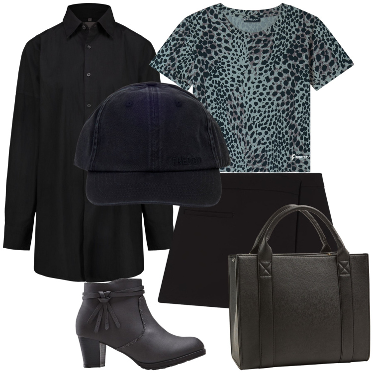 Outfit donna - Lunedì. Stile Urban per Ufficio. Abbinamento con stivaletti, borse tote, gonne, t-shirt, cappelli con visiera, camicie.