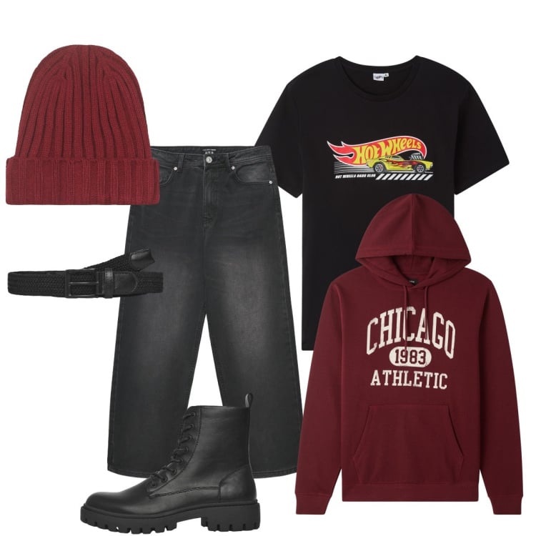 Outfit uomo - A scuola con Terranova. Stile Urban per Tutti i giorni. Abbinamento con cinture, anfibi, felpe con cappuccio, jeans dritti, t-shirt, berretti.