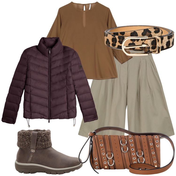 Outfit donna - Mattinata di pioggia e commissioni. Stile Casual chic per Tutti i giorni. Abbinamento con stivaletti, borse a spalla, bluse, piumini, bermuda, cinture.