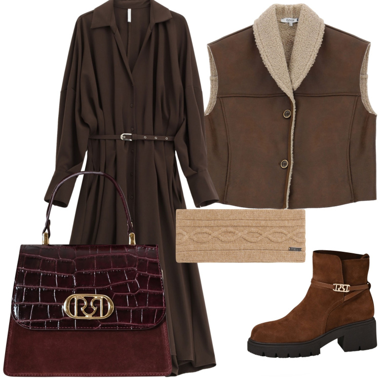 Outfit donna - Festa da amici con caldo gilet. Stile Trendy per Serata fuori. Abbinamento con gilet, stivaletti, borse a mano, vestiti lunghi, accessori per capelli.