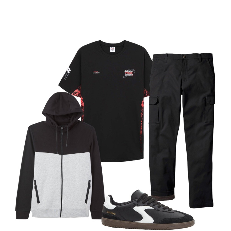 Outfit uomo - Per il tempo libero. Stile Casual per Tutti i giorni. Abbinamento con pantaloni cargo, sneakers, t-shirt sportive, felpe sportive.