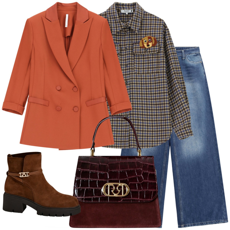 Outfit donna - Il blazer arancione. Stile Casual per Ufficio. Abbinamento con jeans, camicie, stivaletti, borse a mano, blazer.