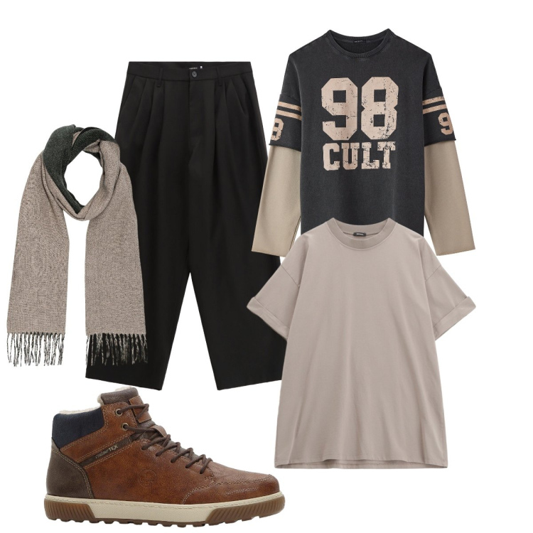 Outfit uomo - All’università. Stile Urban per Tutti i giorni. Abbinamento con sneakers alte, felpe, pantaloni, t-shirt, sciarpe.