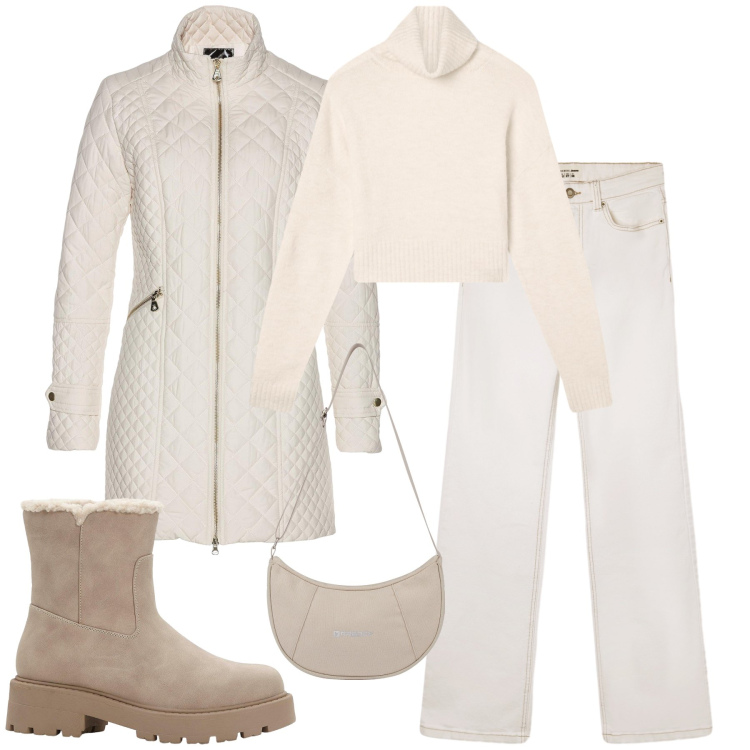 Outfit donna - Un soft beige. Stile Casual chic per Tutti i giorni. Abbinamento con blazer, stivaletti, jeans bootcut, maglieria, borse a spalla.
