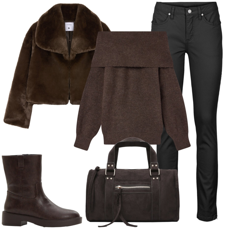 Outfit donna - Una ecopelliccia per il giorno. Stile Casual chic per Tutti i giorni. Abbinamento con jeans skinny, stivaletti, ecopellicce, borse a mano, maglieria.