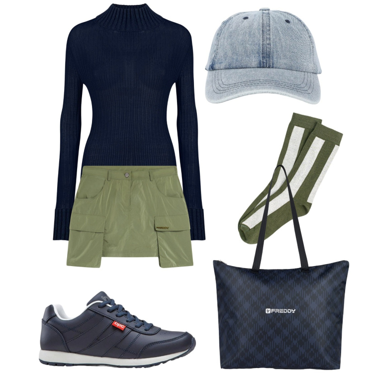 Outfit donna - My day. Stile Trendy per Tutti i giorni. Abbinamento con sneakers, cappelli con visiera, minigonne, shopping bag, calzini, maglieria.