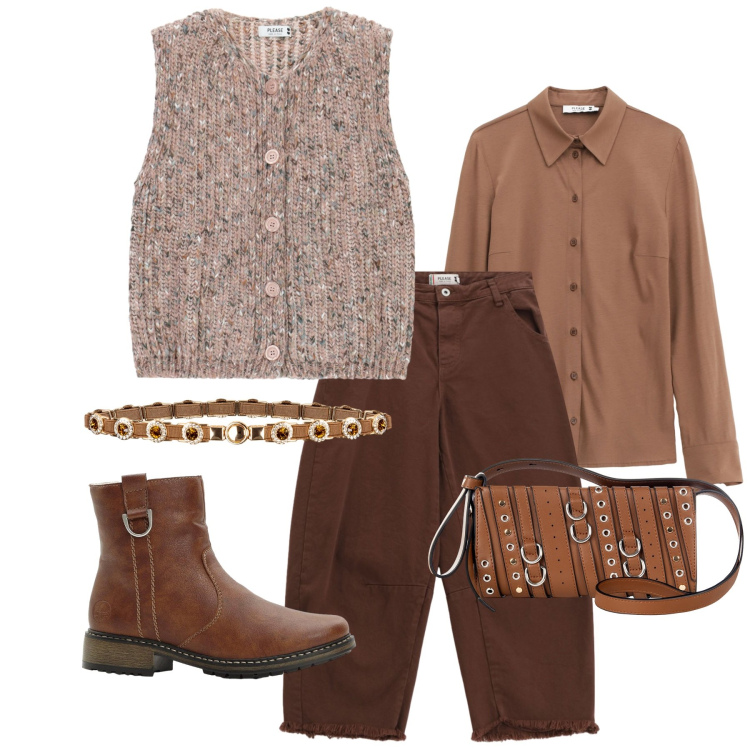 Outfit donna - Total look #2267812. Stile Urban per Tutti i giorni. Abbinamento con stivaletti, pantaloni, gilet, camicie, borse a spalla, cinture.