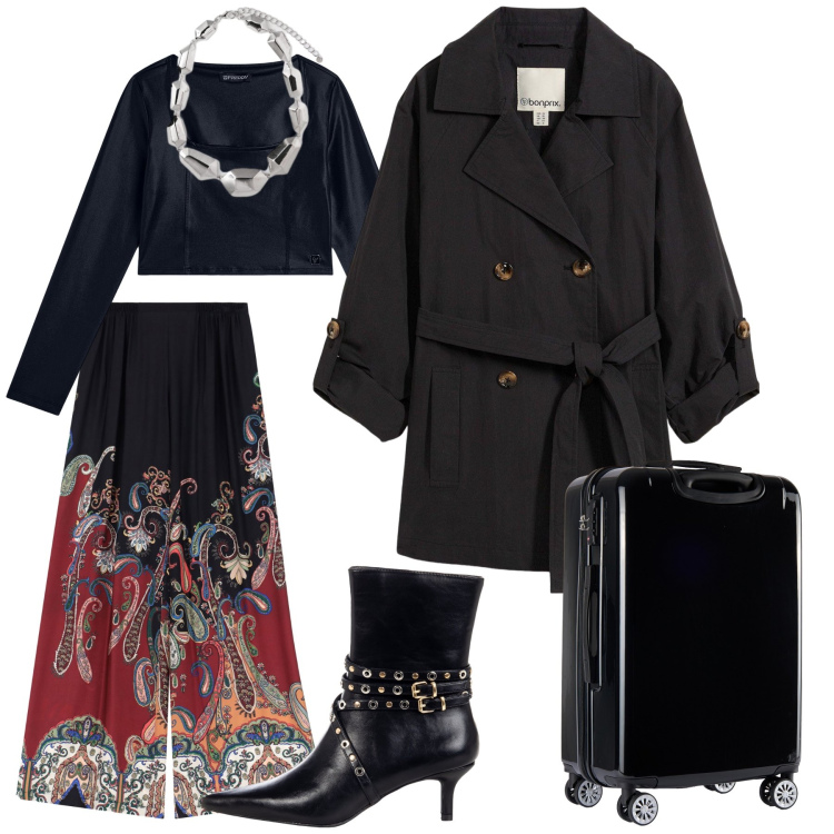 Outfit donna - Total look #2267817. Stile Etnico per Ufficio. Abbinamento con trench, stivaletti, pantaloni a palazzo, maglieria, valigie, ciondoli.