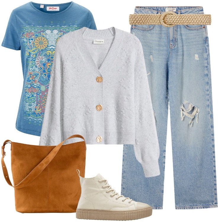 Outfit donna - La t-shirt stampata. Stile Boho per Tutti i giorni. Abbinamento con cardigans, t-shirt, sneakers alte, borse a mano, cinture, jeans strappati.