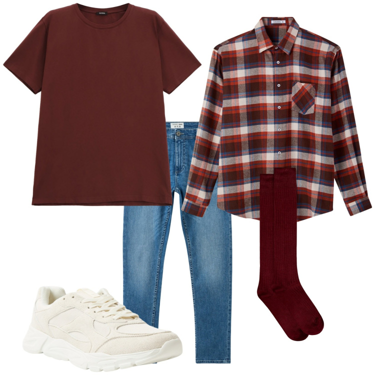 Outfit uomo - Total look #2267820. Stile Urban per Tutti i giorni. Abbinamento con jeans skinny, sneakers, camicie, t-shirt, calzini.