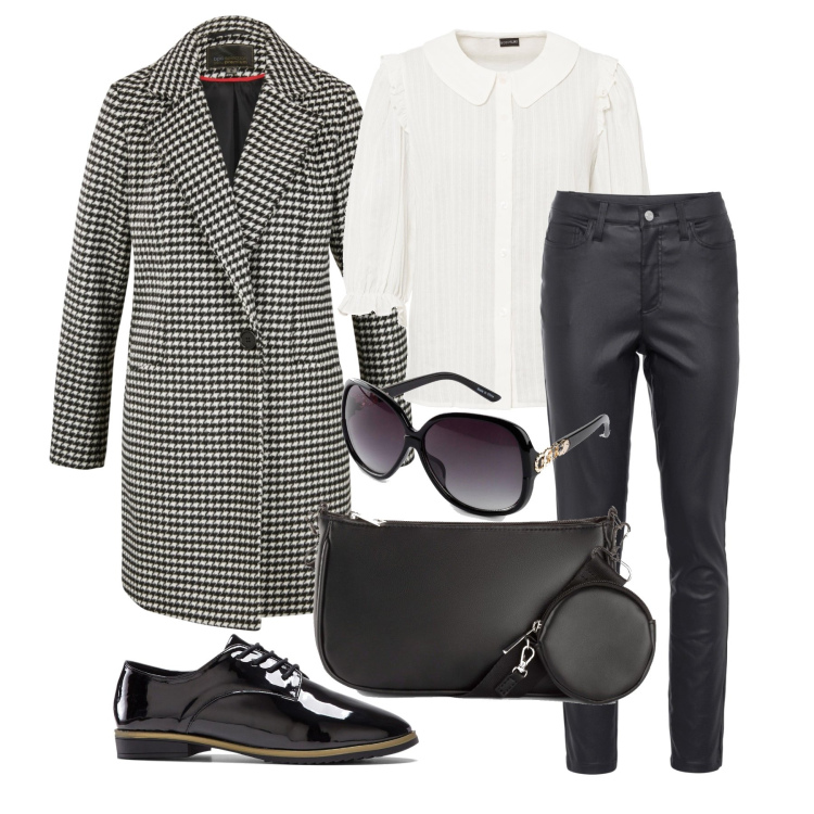 Outfit femme - Octobre. Style Casual chic pour Tous les jours. Assortir avec lunettes de soleil, sacs en bandoulière, pantalon skinny, chaussures à lacets, manteaux, chemisiers.