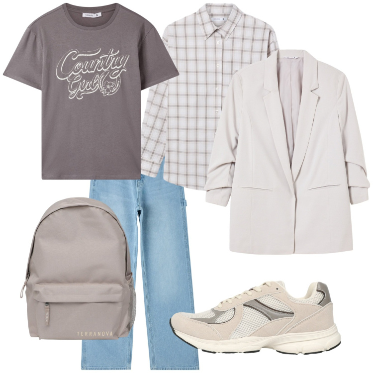 Outfit donna - Mid season sale. Stile Casual per Tutti i giorni. Abbinamento con jeans, blazer, zaini, sneakers, t-shirt, camicie.