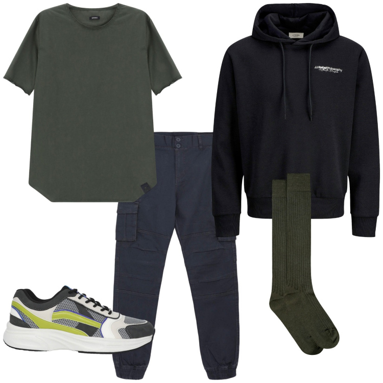 Outfit uomo - Total look #2267833. Stile Urban per Tutti i giorni. Abbinamento con felpe con cappuccio, pantaloni cargo, sneakers, t-shirt, calzini.