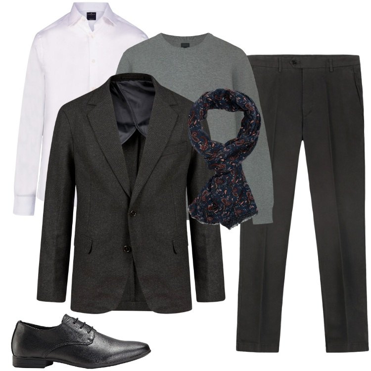 Outfit uomo - Pashmina paisley reversibile. Stile Business/Elegante per Ufficio. Abbinamento con scarpe stringate, maglieria, camicie, giacche, pantaloni chino, sciarpe.