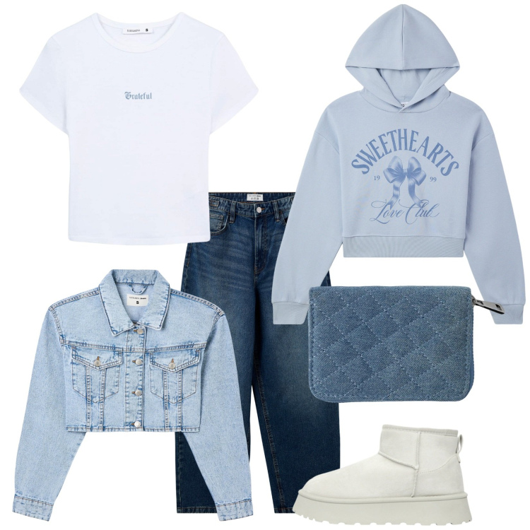 Outfit donna - Saldi cropped. Stile Urban per Tutti i giorni. Abbinamento con portafogli, jeans, blazer, felpe con cappuccio, stivaletti, t-shirt.