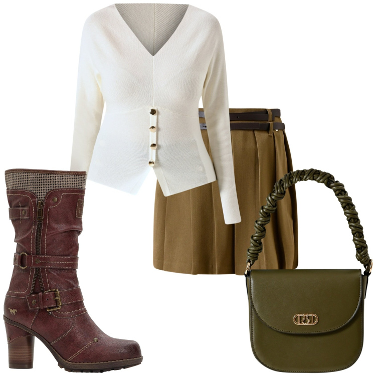 Outfit donna - Mini Gonna a pieghe. Stile Trendy per Tutti i giorni. Abbinamento con stivali, maglieria, minigonne, borse a mano.