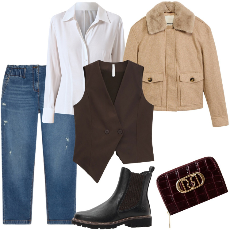 Outfit donna - Total look #2267848. Stile Casual per Ufficio. Abbinamento con stivaletti chelsea, piumini, portafogli, camicie, gilet, jeans strappati.