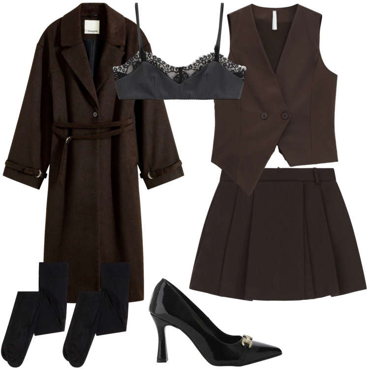 Outfit donna - Casual di sera. Stile Trendy per Serata fuori. Abbinamento con collant, cappotti, gilet, décolleté, top, gonne.
