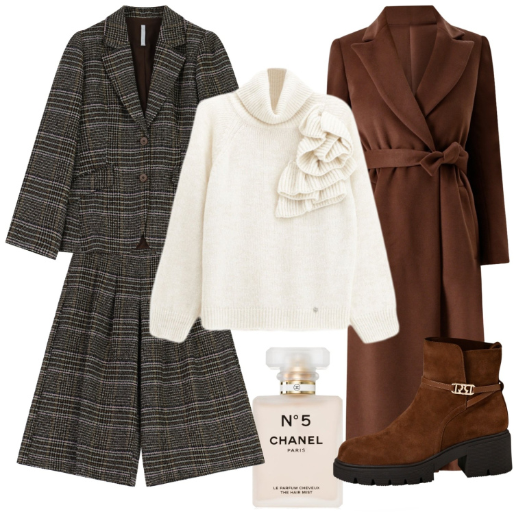 Outfit donna - Elegantissimo e versatile maglione panna. Stile Casual per Ufficio. Abbinamento con profumi, maglieria, stivaletti, cappotti, blazer, pantaloni a palazzo.