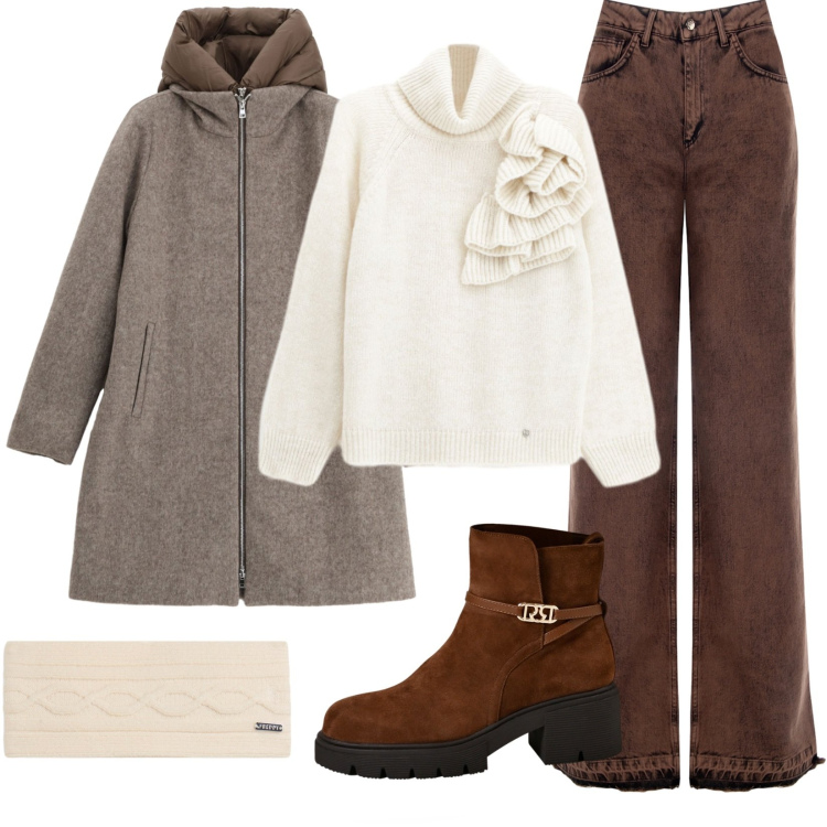 Outfit donna - In centro. Stile Casual per Tutti i giorni. Abbinamento con piumini, maglieria, jeans dritti, stivaletti, accessori per capelli.