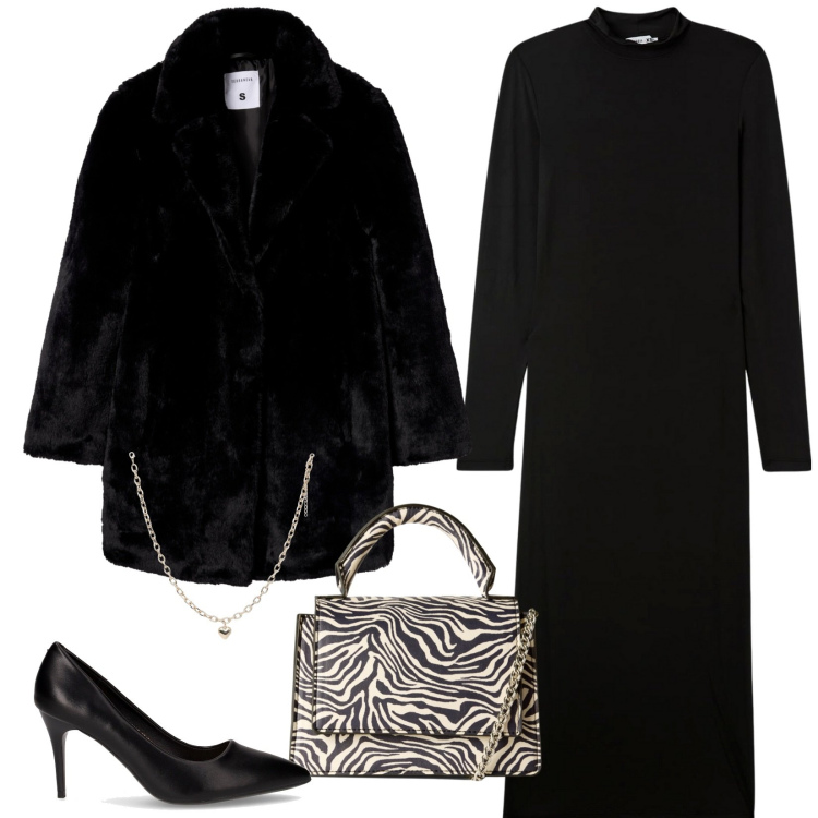 Outfit donna - Nero e un po\' zebrato. Stile Casual chic per Serata fuori. Abbinamento con vestiti lunghi, collane, borse a tracolla, cappotti, décolleté.