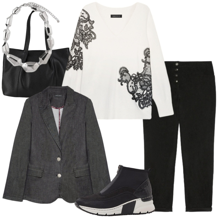 Outfit donna - In città. Stile Basic per Tutti i giorni. Abbinamento con sneakers, shopping bag, maglieria, blazer, ciondoli, pantaloni.