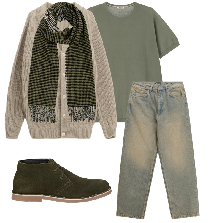 Outfit uomo - Total look #2267871. Stile Casual per Tutti i giorni. Abbinamento con t-shirt, jeans, cardigans, stivali e stivaletti, sciarpe.