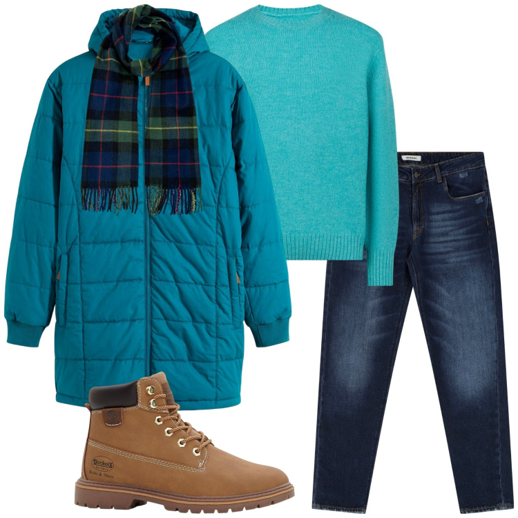 Outfit uomo - Total look #2267875. Stile Casual per Tutti i giorni. Abbinamento con giacche, stivali e stivaletti, jeans dritti, sciarpe, maglieria.