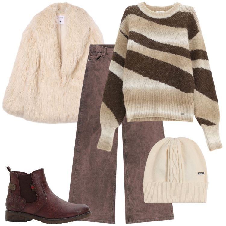 Outfit donna - Passeggiando nella natura. Stile Casual chic per Tutti i giorni. Abbinamento con stivaletti chelsea, ecopellicce, pullovers, pantaloni a palazzo, berretti.
