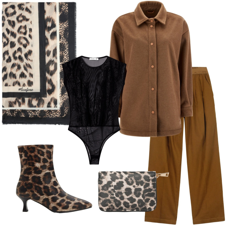 Outfit donna - Cioccolato e animalier. Stile Chic per Serata fuori. Abbinamento con stivaletti, portafogli, body, cappotti, pantaloni, foulard.