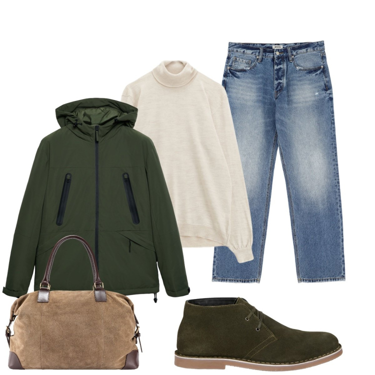 Outfit uomo - In partenza. Stile Trendy per Tutti i giorni. Abbinamento con giacche, jeans, maglieria, stivali e stivaletti, borse sportive.