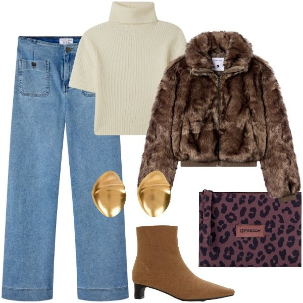 Outfit donna - Un giro in centro. Stile Urban per Tutti i giorni. Abbinamento con stivaletti, maglieria, jeans, ecopellicce, clutch, orecchini.