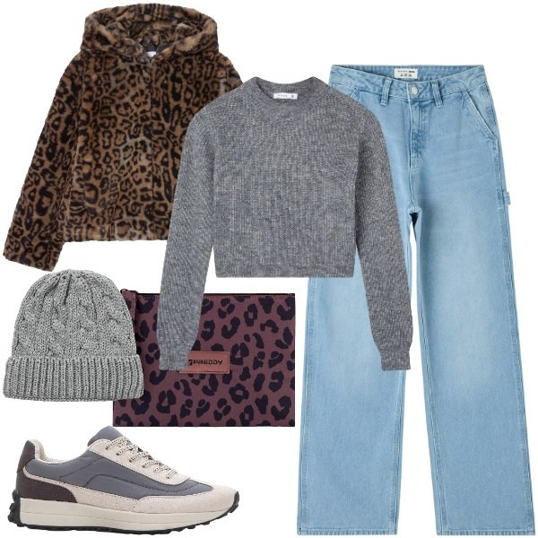 Outfit donna - Street style. Stile Urban per Tutti i giorni. Abbinamento con sneakers, maglieria, jeans, berretti, ecopellicce, clutch.