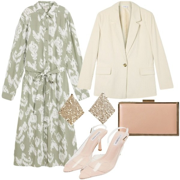 Outfit donna - Invitata al battesimo. Stile Romantica per Cerimonia. Abbinamento con vestiti, sandali col tacco, blazer, orecchini, pochette.