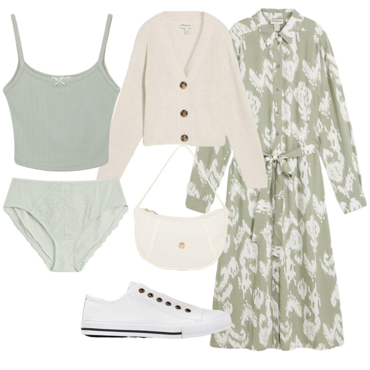 Outfit donna - Total look #2267894. Stile Bon Ton per Tutti i giorni. Abbinamento con sneakers, culotte, cardigans, vestiti, magliette intime, borse a mano.