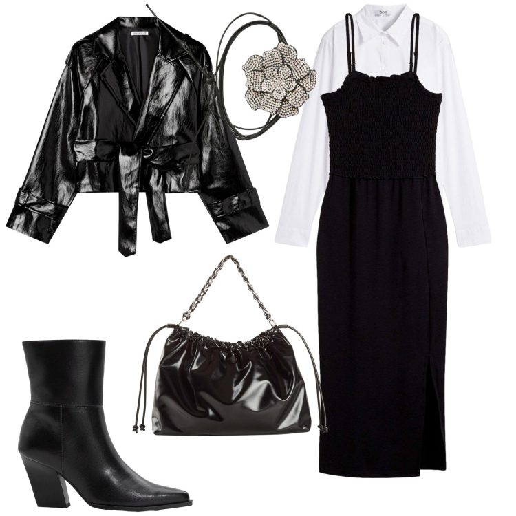 Outfit donna - Total look #2267896. Stile Bon Ton per Tutti i giorni. Abbinamento con stivaletti, vestiti midi/longuette, camicie, shopping bag, collane, giacche.
