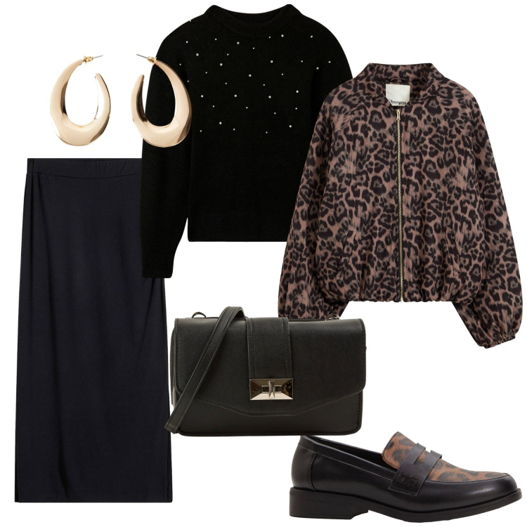 Outfit donna - Si ricomincia. per Tutti i giorni. Abbinamento con bomber, mocassini, orecchini, gonne longuette, maglieria, borse a tracolla.