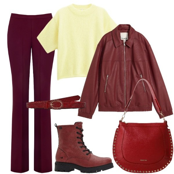 Outfit donna - Giallo burro e bordeaux. Stile Casual chic per Tutti i giorni. Abbinamento con blazer, stivaletti, cinture, pantaloni, borse a spalla, maglieria.