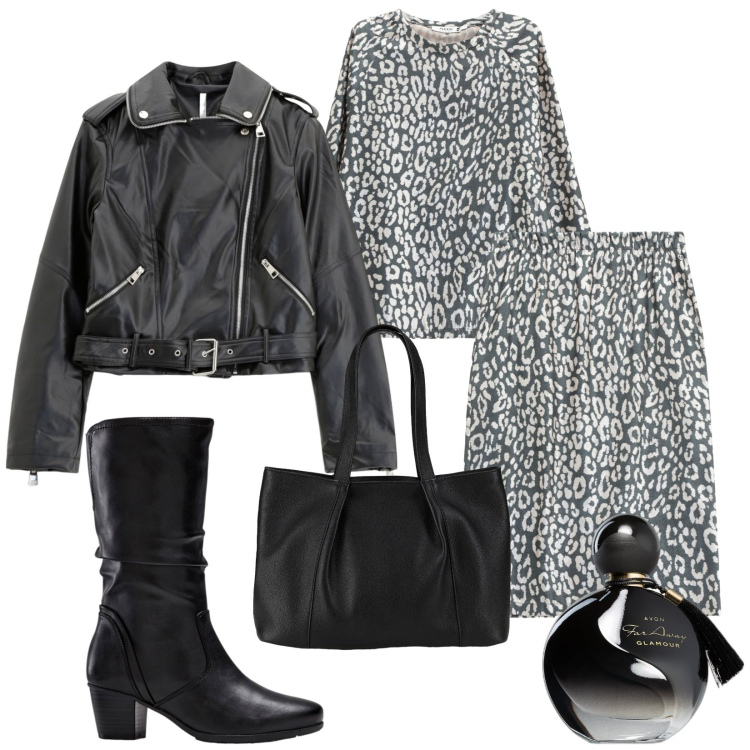Outfit donna - Total look #2267899. Stile Rock per Tutti i giorni. Abbinamento con shopping bag, stivali, profumi, gonne, maglieria, giacche.
