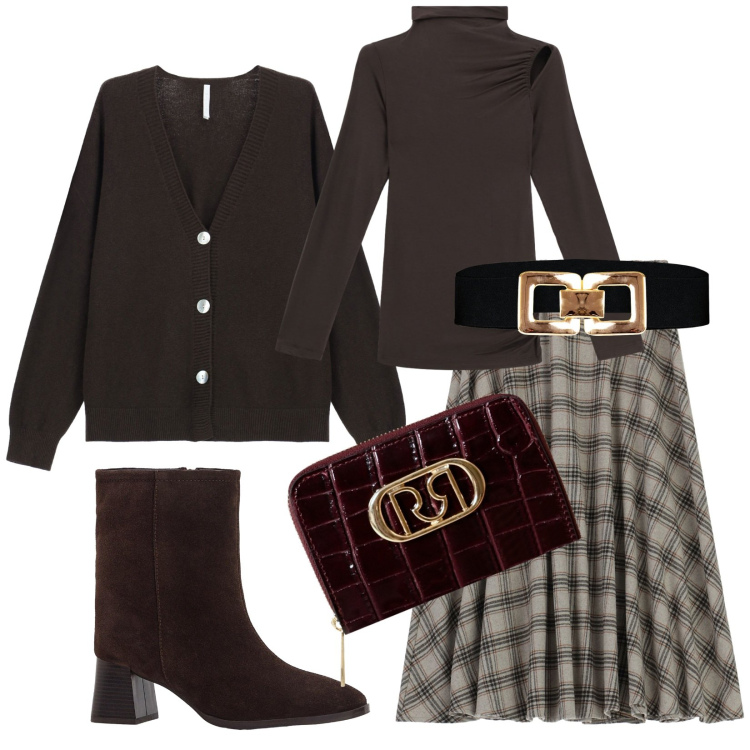 Outfit donna - Total look #2267900. Stile Casual chic per Ufficio. Abbinamento con stivaletti, gonne longuette, portafogli, cinture, pullovers, cardigans.