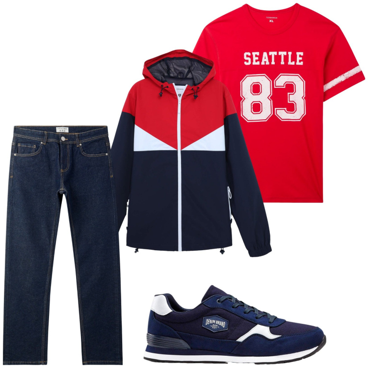 Outfit uomo - Total look #2267905. Stile Trendy per Tutti i giorni. Abbinamento con sneakers, jeans, t-shirt sportive, giacche sportive.
