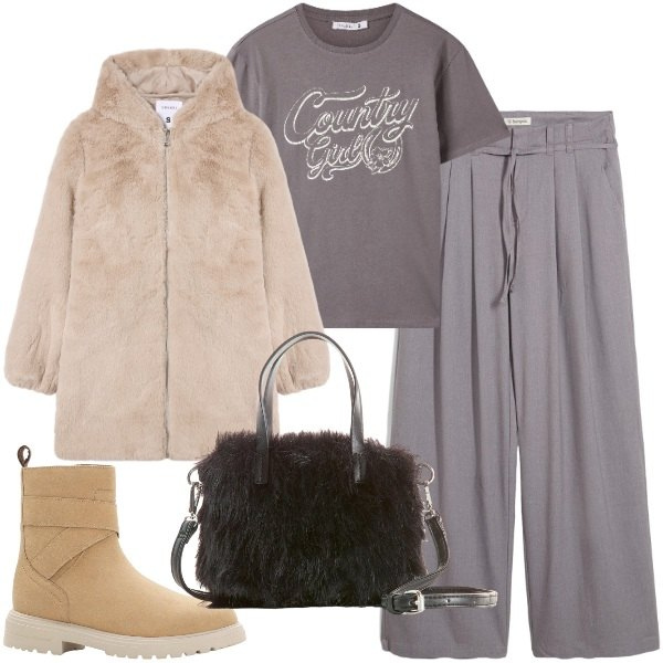 Outfit donna - Fake fur per l\'inverno. Stile Urban per Tutti i giorni. Abbinamento con borse a mano, stivaletti, pantaloni, cappotti, t-shirt.