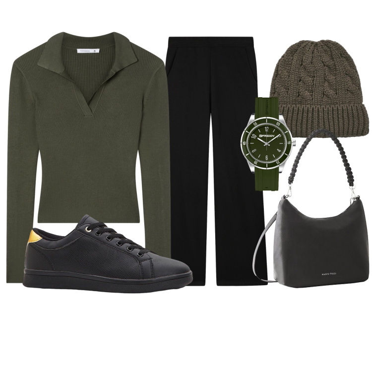 Outfit donna - Cena con amici. Stile Casual per Tutti i giorni. Abbinamento con sneakers, borse a mano, maglieria, pantaloni, berretti, orologi.