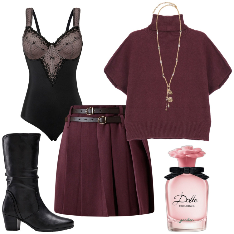 Outfit donna - Total look #2267909. Stile Glamour per Ufficio. Abbinamento con body, stivali, profumi, minigonne, maglieria, ciondoli.