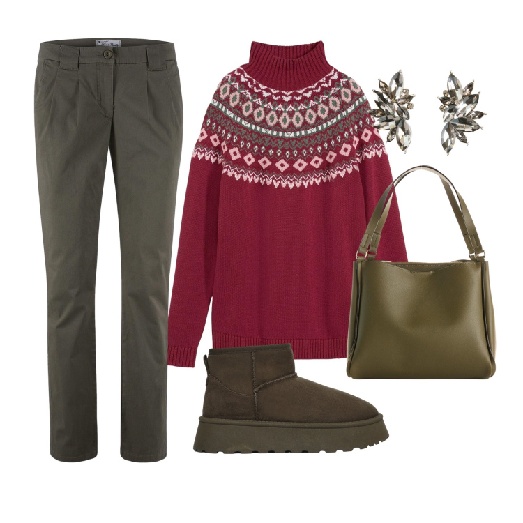 Outfit donna - A cena con amiche. Stile Casual per Tutti i giorni. Abbinamento con pantaloni chino, maglieria, borse a mano, orecchini, stivali.