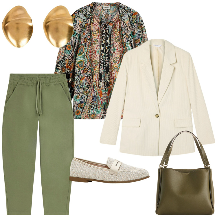 Outfit donna - Comoda a lavoro. per Ufficio. Abbinamento con mocassini, bluse, borse a mano, blazer, pantaloni, orecchini.