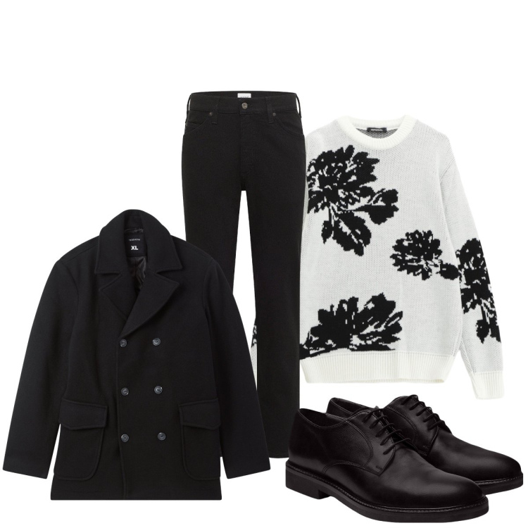 Outfit uomo - Bianco e nero. Stile Trendy per Tutti i giorni. Abbinamento con jeans dritti, caban, pullovers, scarpe stringate.